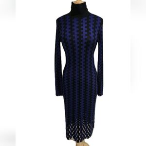 Diane Von Furstenberg Blue-Black Turtleneck Merino Wool Long Sleeve Midi Dress.